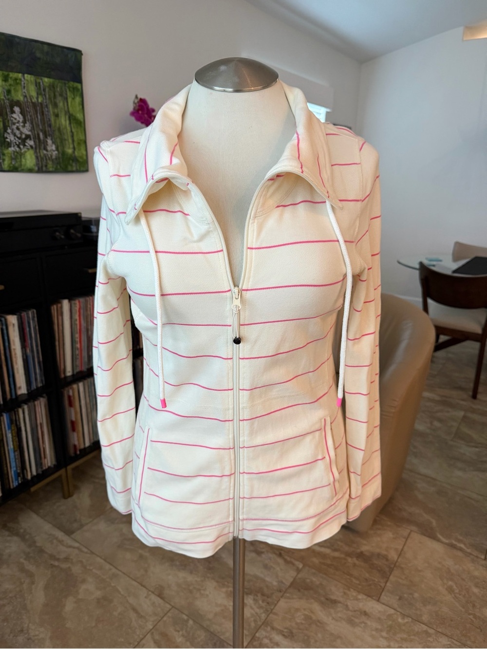 Talbots Cream Zip Hoodie with Pink Stripe Detail